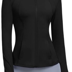 Women’s Athletic Full Zip Lightweight Workout Jacket With Pockets Running Slim Fit Yoga Sportwear With Thumb Holes