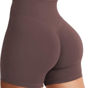 YEOREO Women’s Biker Shorts 3.6″ / 4.5″ / 6″ Workout Gym Shorts High Waist Tummy Control Hidden Scrunch Running Yoga Plum Brown