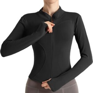 Women’s Cropped Lightweight Stretchy Running Track Jackets Full Zip Slim Fit Athletic Tops with Thumb Holes