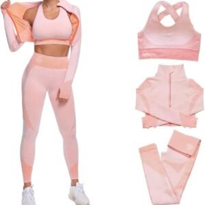 Women’s 3 PC Seamless Gym Clothing Workout Outfit with Jacket Bra & Leggings Set