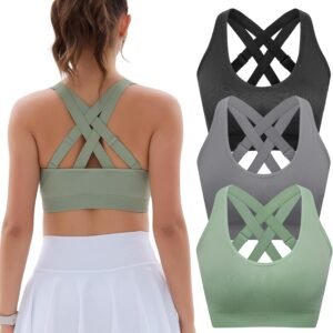 FITTIN Padded Sports Bras for Women: Support Strappy Adjustable Straps Cross Back Sport Bra Pack for Workout Yoga Running Gym