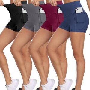 NORMOV 4 Packs Spandex Shorts for Women with Pockets, 3” High Waisted Tummy Control Booty Yoga Shorts