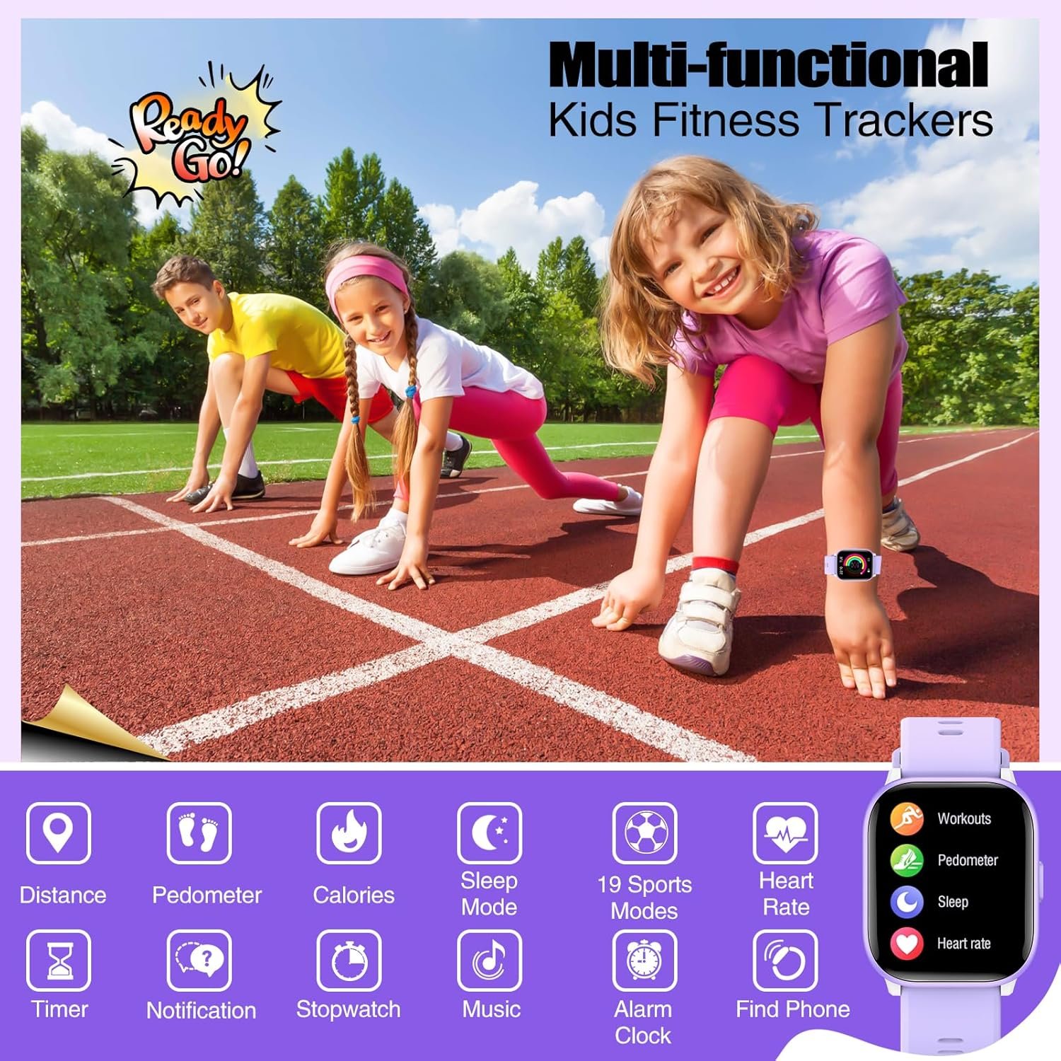 meoonley Kids Watch for Girls Boys with IP68 Waterproof, Girls Watch with 19 Sports Modes, Sleep Tracking, Pedometer, Stopwatch, Kids Activity Tracker, Birthday Gifts for Girls Age 6-15 Years Old - Image 3