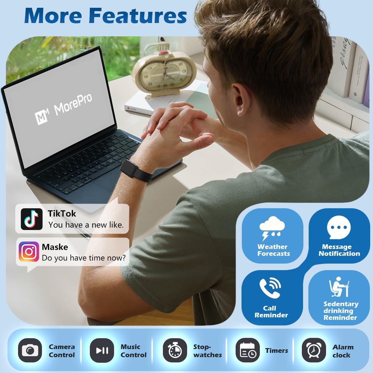 MorePro Health Fitness Tracker with Blood oxy-gen Monitor and 24/7 Heart Rate and Blood Pressure, Sleep Monitor, 120+ Sport Modes Waterproof Fitness Watch for Women Men Android iOS, Black - Image 7