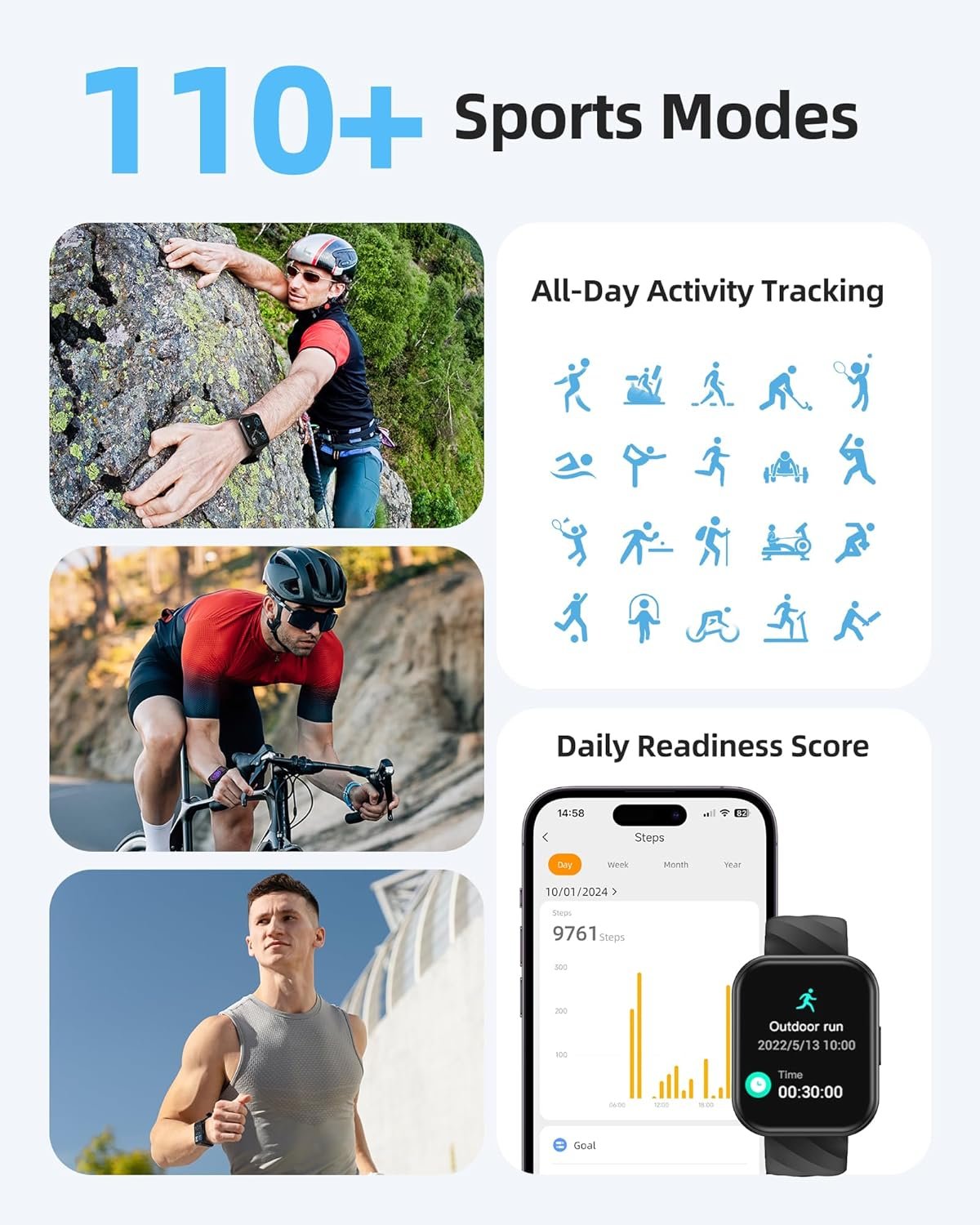 Parsonver Smart Watch, 5ATM Waterproof Watch for Swimming, Fitness Activity Tracker with 110+ Sports Modes, Heart Rate/Sleep/SpO2/Calories Monitor, Pedometer, Fitness Watch for Android & iPhone, Black - Image 4